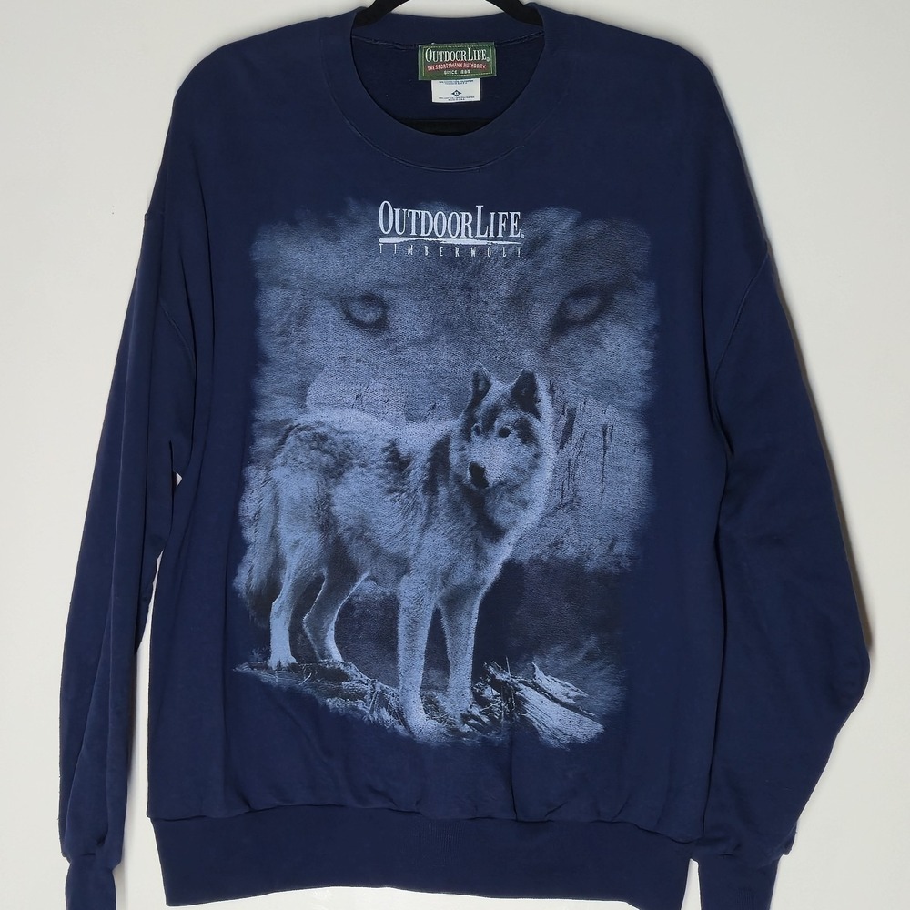 Vintage 90s Timber Wolf Navy Crewneck Outdoor Life Sweatshirt Size XL